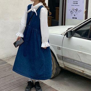 Tie-neck Blouse / Denim Midi Overall Dress