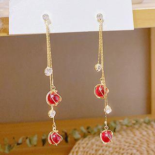 Cat Eye Stone Alloy Fringed Earring Cs0141 - 1 Pair - Gold & Red - One Size