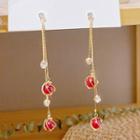 Cat Eye Stone Alloy Fringed Earring Cs0141 - 1 Pair - Gold & Red - One Size