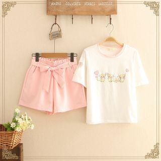 Fox Print Short-sleeve Tee / Tie-waist Shorts