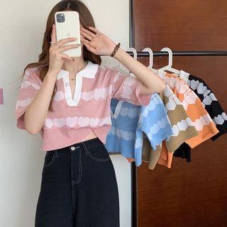 Short-sleeve V-neck Knit Cropped Polo Shirt