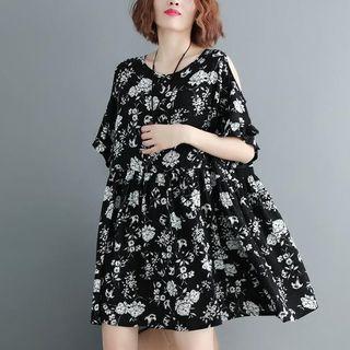 Elbow-sleeve Cold Shoulder Floral Print Dress Black - One Size