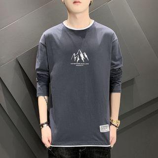 Mountain Print Long-sleeve Mock Two-piece T-shirt