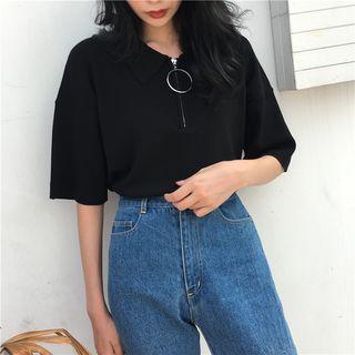 Plain Elbow-sleeve Collared Knit Top