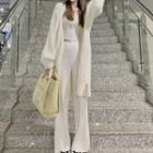 Long-sleeve Lace Trim Crop Top / Wide Leg Pants / Long Cardigan