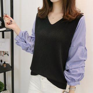 Striped-sleeve V-neck Sweater