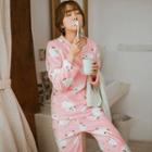 Loungewear Set: Printed Coral Fleece Pullover + Pants