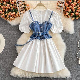 Inset Denim Vest Puff Sleeve Dress Blue - One Size