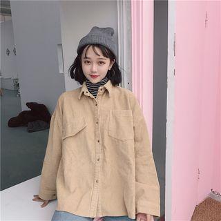 Set : Turtleneck Stripe Sleeveless Top + Corduroy Long-sleeve Jacket