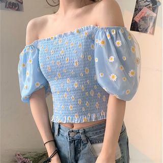 Puff-sleeve Off-shoulder Floral Mesh Shirred Crop Top