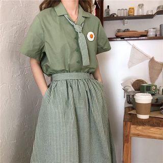 Short-sleeve Shirt + Tie / Gingham A-line Skirt