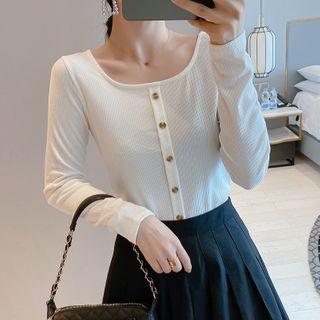 Long-sleeve Plain Button T-shirt