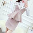 Set: Turtleneck Long-sleeve Top + V-neck Knit Camisole Top + High-waist Pencil Skirt
