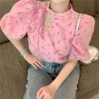 Puff-sleeve Floral Print Cutout Top Pink - One Size