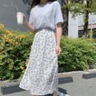 Elbow-sleeve T-shirt / Floral Chiffon A-line Midi Skirt