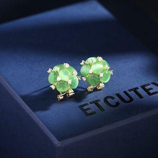Flower Faux Cat Eye Stone Stainless Steel Earring Green - One Size