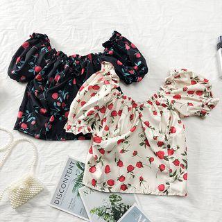 Boatneck Ruffled-trim Floral Blouse