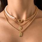 Set Of 3: Chain Necklace Set Of 3 Pcs - White & Gold - One Size