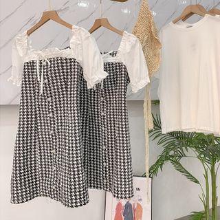 Square-neck Panel Houndstooth Puff-sleeve Dress