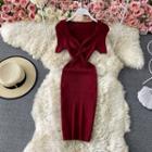 V Neck Short Sleeve Drawstring Skinny Knit Dress