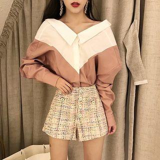 Color-block Off-shoulder V-neck Long-sleeve Blouse As Shown In Figure - One Size