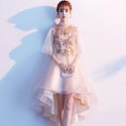 Mock-turtleneck Elbow-sleeve Embroidered High-low Prom Dress