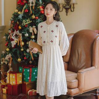 Lantern-sleeve Embroidered Knit Midi A-line Dress