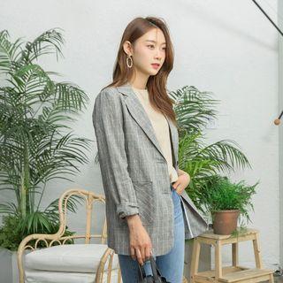 Single-breasted Tailored Plaid Blazer Gray - One Size