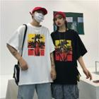 Couple Matching Elbow-sleeve Palm Tree Print T-shirt