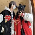 Couple Matching Faux Leather Panel Applique Baseball Jacket