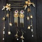 Set Of 5: Wedding Hair Piece + Hair Stick + Drop Earring Set Of 5 - Gold - One Size