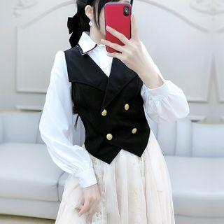 Set: Puff Sleeve Shirt + Double Breasted Vest