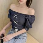 Cold Shoulder Short-sleeve Lace Up Top As Shown In Figure - One Size