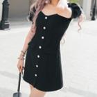Puff-sleeve Square-neck Plain Single-breasted Dress