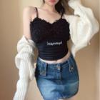 Lettering Embroidered Fluffy Panel Cropped Camisole Top