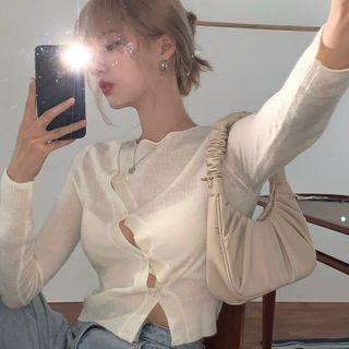 Plain Long-sleeve Slim-fit Knit Top Off-white - One Size