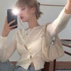 Plain Long-sleeve Slim-fit Knit Top Off-white - One Size