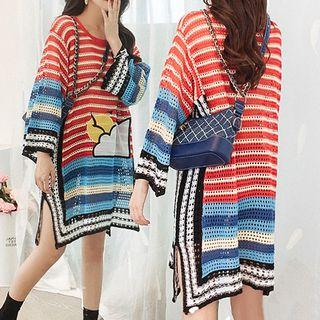 Printed Striped Long Sweater Red - One Size