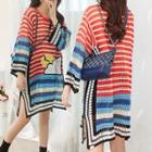 Printed Striped Long Sweater Red - One Size