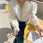 V-neck Bell-sleeve Frilled-detail Top White - One Size