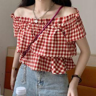 Off-shoulder Gingham Blouse Red & White - One Size