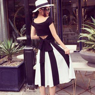 Set: Open Back Short Sleeve T-shirt + Striped Midi Skirt