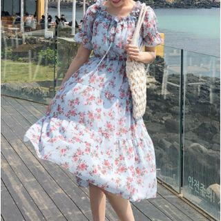 Off-shoulder Floral Print Dress Sky Blue - One Size