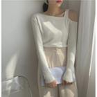 Off Shoulder V Neck Plain Knit Long-sleeve Top