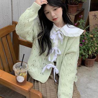 Long-sleeve Cut-out Lace-up Knit Cardigan