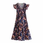 Cap-sleeve V-neck Floral Print Tiered Midi A-line Dress
