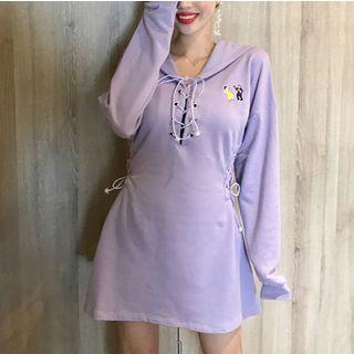 Long-sleeve Embroidered A-line Dress Purple - One Size