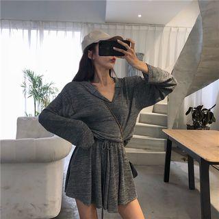 Set: Hooded Long-sleeve T-shirt + Drawstring Wide-leg Shorts