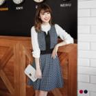 Check Pleated Cutting V-neck Dress