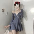 Long-sleeve Cold-shoulder Mini A-line Dress Blue - One Size